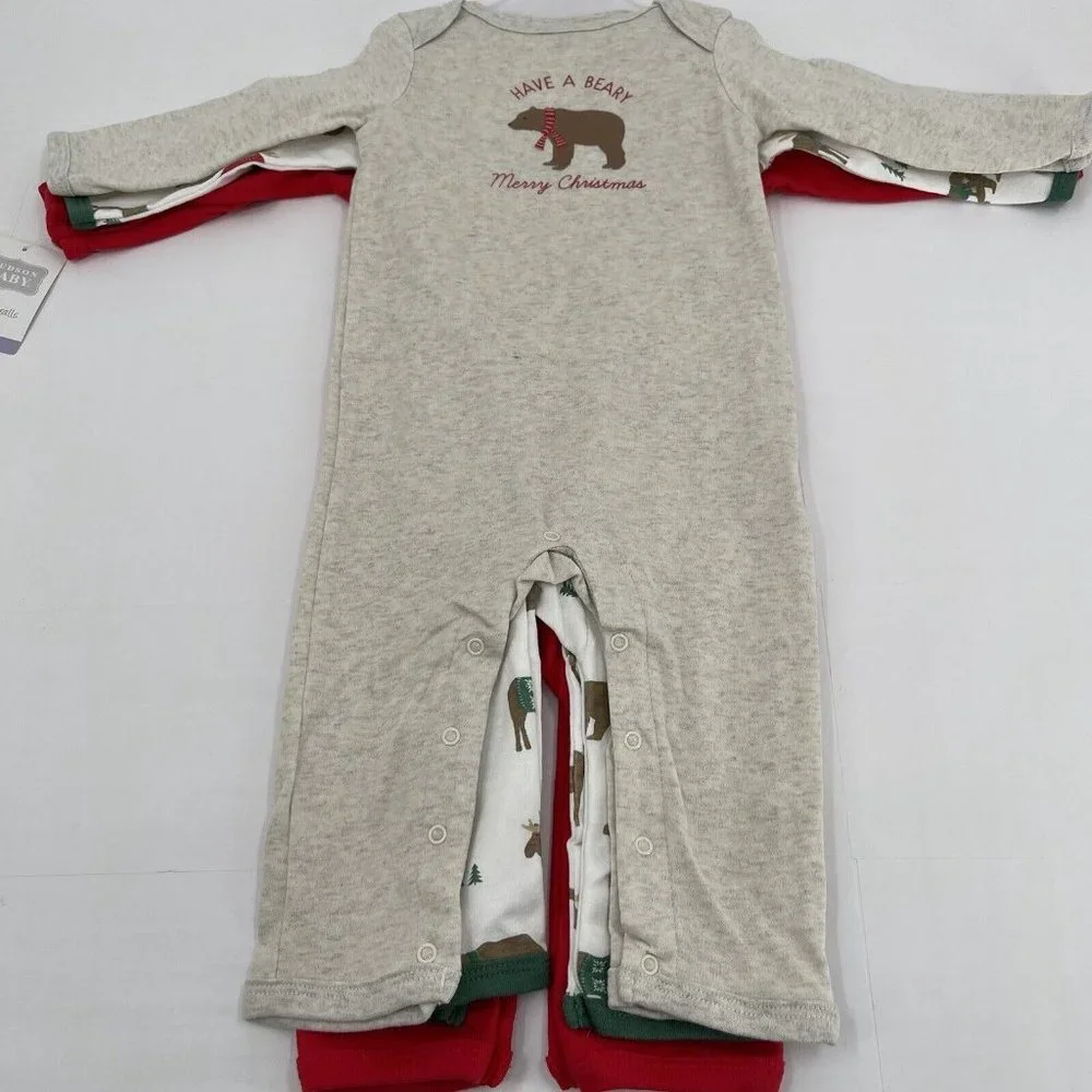 Hudson Baby Christmas Themed 3-Pack‎ Coveralls Romper Size 9-12 m Moose Trees